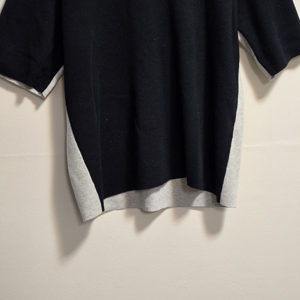 Oak + Fort Wool Blend Navy and Gray Color Block Short Sleeve Knit Top - Picture 3 of 8